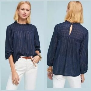 Anthropologie Maeve Women’s Reston Blouse Navy Blue Vertical‎ Stripes Siz…